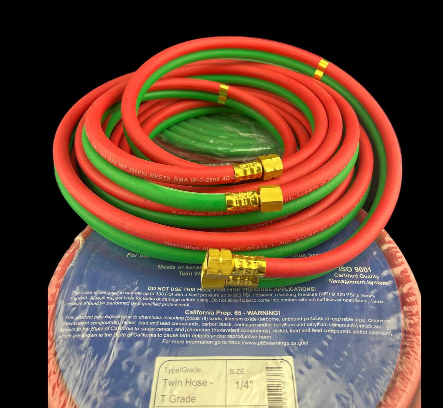 1/4" Inner Dia. X 25' - Oxy/Fuel T-Grade Hose W/ B Fittings